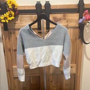 SHEIN Off-the-Shoulder V Neck Cropped Colorblock Sweater - Gray, White, Pink